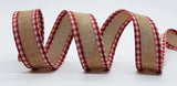 PerpetualRibbons Solids 1.5 1.5 or 2.5 inch Natural Linen Ribbon w/ Red & White Gingham Check Wired Edges - 5 yards