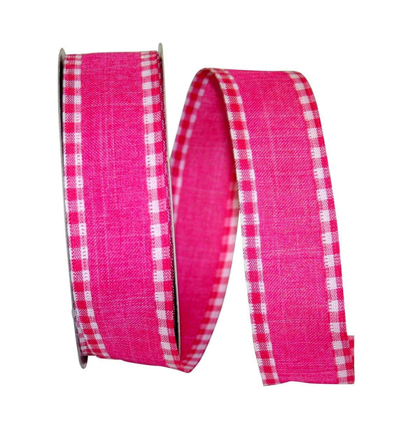 PerpetualRibbons Solids 1.5 inch Hot Pink Ribbon with Hot Pink & White Check Wired Edges - 5 Yards