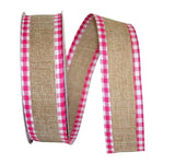 PerpetualRibbons Solids 1.5 inch Natural Ribbon with Pink & White Wired Check Edges - 5 Yards