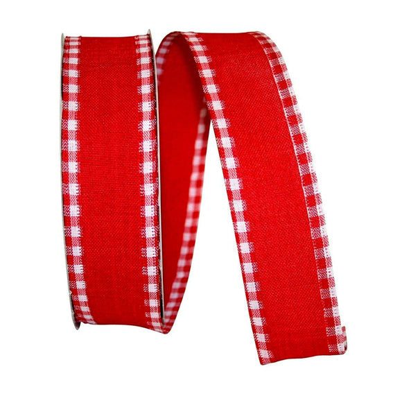 PerpetualRibbons Solids 1.5 inch Red Ribbon with Red & White Check Wired Edges - 5 Yards
