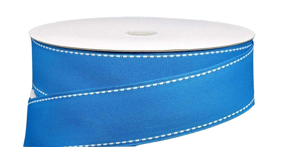 PerpetualRibbons Solids 1.5 inch Solid Periwinkle Blue Canvas Ribbon with White Threaded Seams - Wired Craft Ribbon - 5 Yards