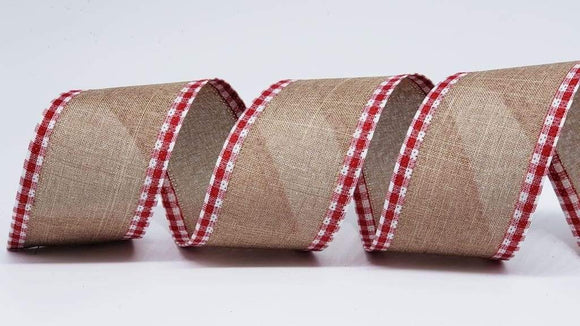 PerpetualRibbons Solids 2.5 1.5 or 2.5 inch Natural Linen Ribbon w/ Red & White Gingham Check Wired Edges - 5 yards