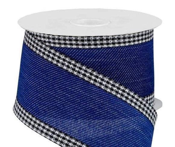 PerpetualRibbons Solids 2.5 inch Blue Jean Canvas Ribbon with Black & White Gingham Edges - 10 Yards