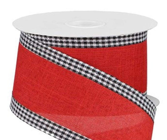 PerpetualRibbons Solids 2.5 inch Red Canvas Ribbon with Black & White Gingham Edges - 10 Yards