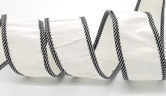 PerpetualRibbons Solids 2.5 inch White Dupioni Ribbon with Black and White Checked Wired Edges - 10 Yards 10 Yards 2.5 inch White Wired Dupioni Ribbon | Perpetual Ribbons