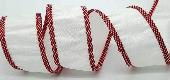 PerpetualRibbons Solids 2.5 inch White Dupioni Ribbon with Red and White Check Wired Edges - 10 Yards 10 Yards 2.5 inch Red and White Wired Dupioni Ribbon | Perpetual Ribbons