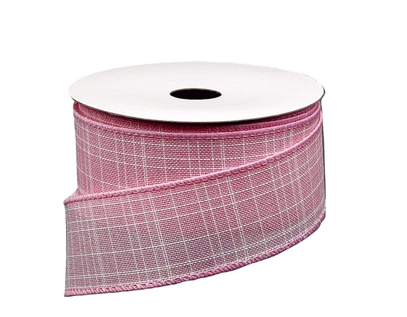 PerpetualRibbons Solids Wired Spring / Easter Ribbon - 1.5 inch Pink and White Textured Linen Ribbon - 5 Yards