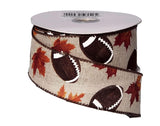 PerpetualRibbons Sports 1.5 10 Yards of 1.5" or 2.5" Fall Football Canvas Ribbon - Footballs & Autumn Leaves - Wired Sports Ribbon