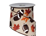 PerpetualRibbons Sports 10 Yards of 1.5" or 2.5" Fall Football Canvas Ribbon - Footballs & Autumn Leaves - Wired Sports Ribbon