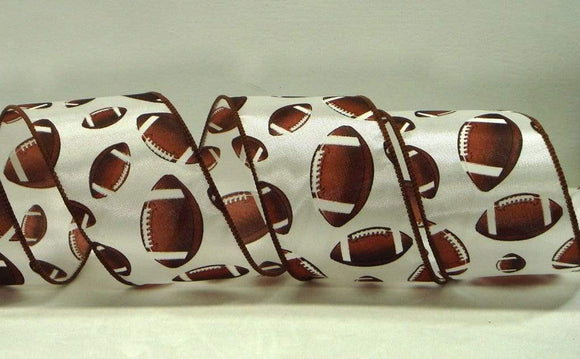 PerpetualRibbons Sports 2.5 inch White Satin Ribbon with Assorted Sized Brown Footballs - 10 Yards 10 Yards Wired Football Ribbon | Perpetual Ribbons