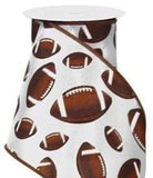 PerpetualRibbons Sports 2.5 inch White Satin Ribbon with Assorted Sized Brown Footballs - 10 Yards 10 Yards Wired Football Ribbon | Perpetual Ribbons