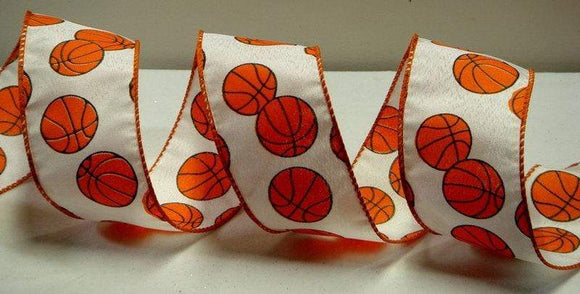 PerpetualRibbons Sports 2.5  inch Wired Satin Basketball Print Ribbon - 10 Yards