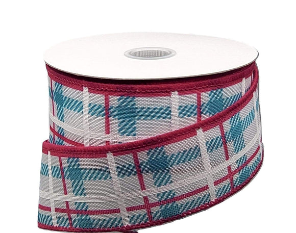 PerpetualRibbons Spring 10 Yards Wired Spring / Easter Plaid Ribbon - 1.5 inch White Linen Ribbon with Turquoise, Fuchsia, & White Iridescent Plaid Design