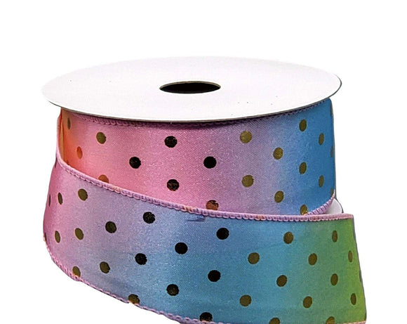 PerpetualRibbons Spring 10 Yards Wired Spring Ribbon - 1.5 inch Pastel Satin Ombre Ribbon with Gold Dots - Light Blue, Pink & Yellow Ombre Ribbon