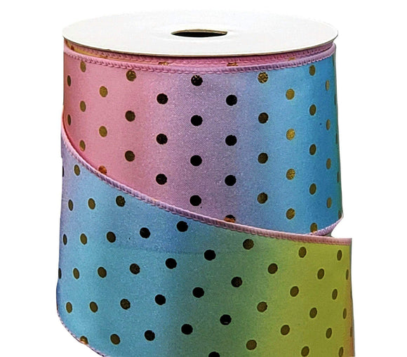 PerpetualRibbons Spring 10 Yards Wired Spring Ribbon - 2.5 inch Pastel Satin Ombre Ribbon with Gold Dots - Light Blue, Pink & Yellow Ombre Ribbon