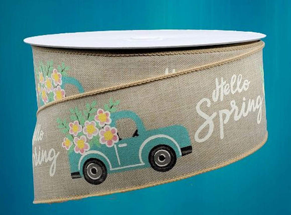 PerpetualRibbons Spring 2.5 inch Blue Farm Truck Carrying Spring Flowers on Natural Linen Ribbon - 5 Yards