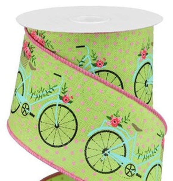 PerpetualRibbons Spring 2.5 inch Bright Green Wired Ribbon with a Light Blue Bicycle with a Basket of Spring Flowers - 10 Yards