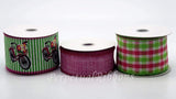 PerpetualRibbons Spring 2.5 inch Green & White Striped Wired Ribbon that features a Pink Bicycle with a Basket of Spring Flowers - 10 Yards 10 Yards 2.5 inch Spring Bicycle Ribbon | Perpetual Ribbons