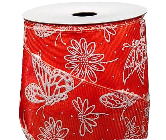 PerpetualRibbons Spring 2.5 inch Iridescent White Butterflies on Bright Coral Satin Ribbon - 10 Yards