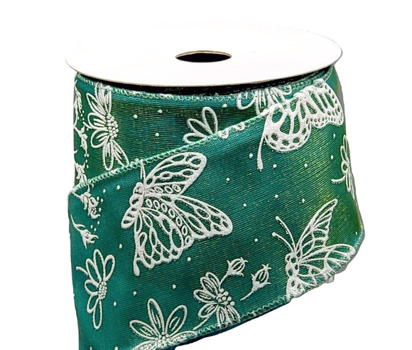 PerpetualRibbons Spring 2.5 inch Iridescent White Butterflies on Teal Satin Ribbon - 10 Yards
