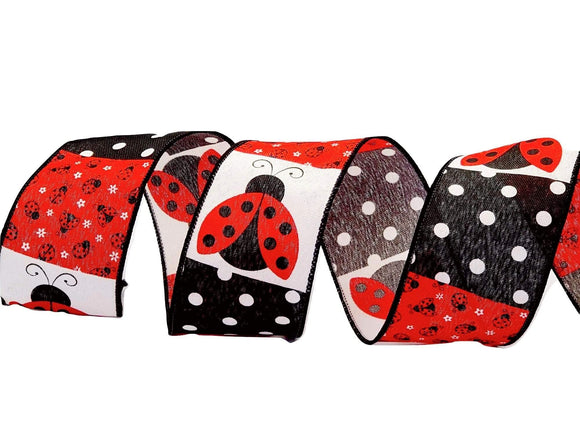 PerpetualRibbons Spring 2.5 inch Ladybug Blocks on Canvas Ribbon - Various Black, Red & White Ladybug Blocks - Ladybug Ribbon - 10 Yards
