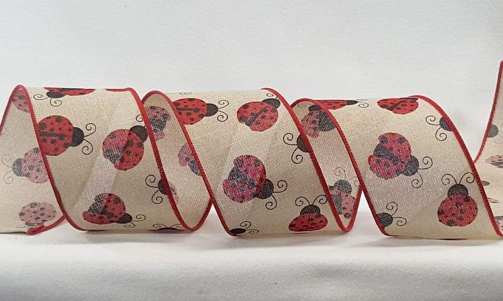 2.5 inch Natural Canvas Type Ladybug Ribbon with Large Ladybugs - 10 Y ...