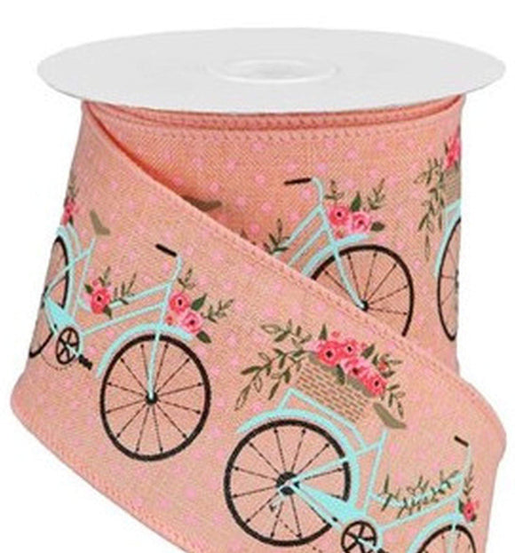 PerpetualRibbons Spring 2.5 inch Peach Wired Ribbon that features a Light Blue Bicycle with a Basket of Spring Flowers - 10 Yards