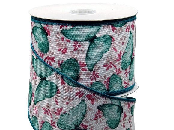 PerpetualRibbons Spring 2.5 inch Teal Watercolor Butterflies & Pink Flowers on White Linen Ribbon - 10 Yards