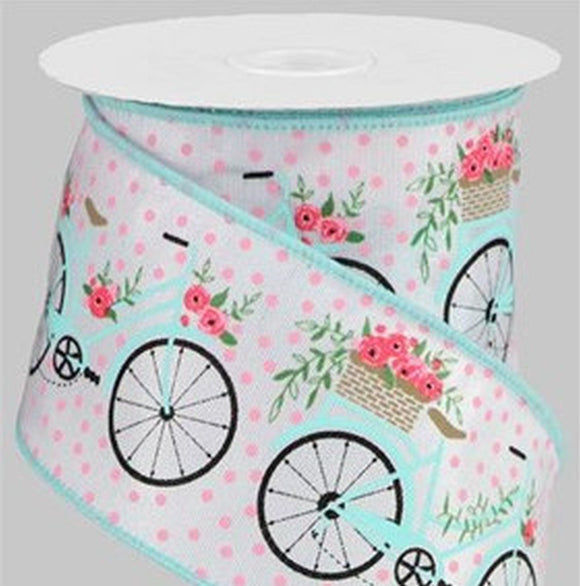 PerpetualRibbons Spring 2.5 inch White Canvas Ribbon with Light Blue Bicycle and a Basket of Spring Flowers - 10 Yards