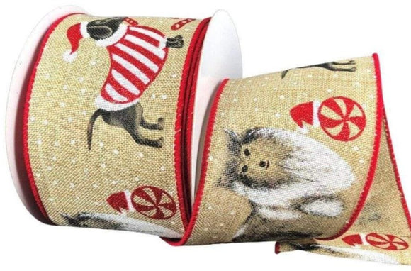 PerpetualRibbons 2.5 inch Wired Christmas Dogs on Natural Canvas - 10 Yards Perpetual Ribbons