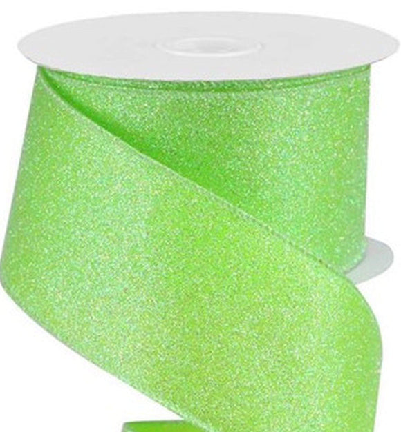 PerpetualRibbons Spring Wired Glitter Ribbon - 2.5 inch Lime Green Iridescent Glitter Satin Ribbon - Non  Shedding  Glitter - 10 Yards