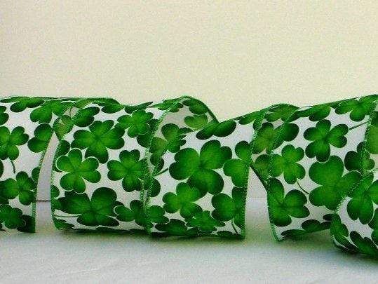 PerpetualRibbons St. Patrick's Day 1.5 or 2.5 inch Wired White Ribbon with Green Shamrocks - 10 Yards