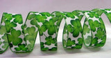PerpetualRibbons St. Patrick's Day 1.5 or 2.5 inch Wired White Ribbon with Green Shamrocks - 10 Yards