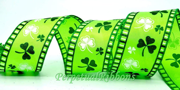 PerpetualRibbons St. Patrick's Day 2.5 inch Lime Green Satin Ribbon with Green & White Shamrocks - 10 Yards