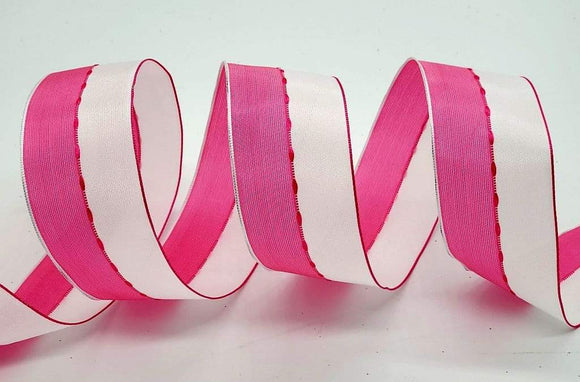 PerpetualRibbons Stripes 1.5 inch Fuchsia & Cream Sherbet Satin Wired Ribbon - 5 Yards
