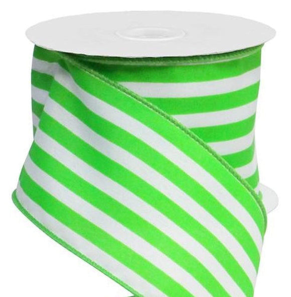 PerpetualRibbons Stripes 10 Yards - 2.5 inch Satin Type White & Apple Green Vertical Striped Ribbon