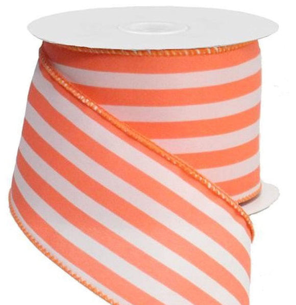 PerpetualRibbons Stripes 10  Yards - 2.5 inch Satin Type White & Coral Vertical Striped Ribbon