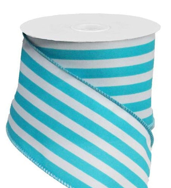PerpetualRibbons Stripes 10 Yards - 2.5 inch Satin Type White & Turquoise Vertical Striped Ribbon