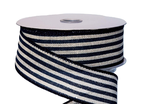 PerpetualRibbons Stripes 10 Yards Wired Ticking Ribbon - 1.5 inch Denim Blue & Tan Striped Ticking Ribbon - By the Roll
