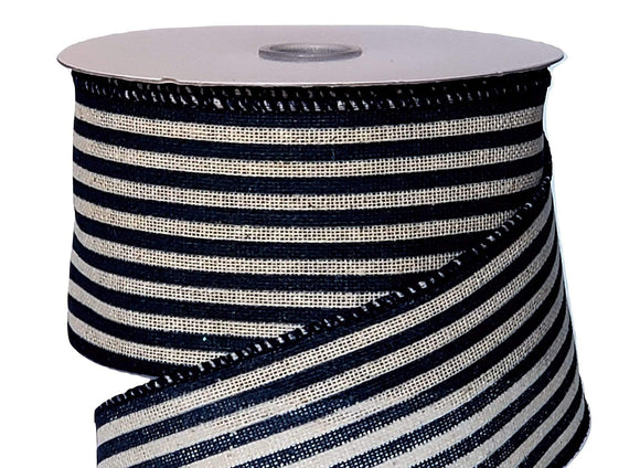 PerpetualRibbons Stripes 10 Yards Wired Ticking Ribbon - 2.5 inch Denim Blue & Tan Striped Ticking Ribbon - By the Roll