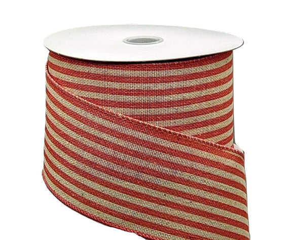 PerpetualRibbons Stripes 10 Yards Wired Ticking Ribbon - 2.5 inch Tan & Coral Cabana Stripes -  By the Roll