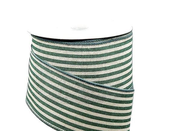 PerpetualRibbons Stripes 10 Yards Wired Ticking Ribbon - 2.5 inch Tan & Teal Cabana Striped Canvas Ribbon -  By the Roll