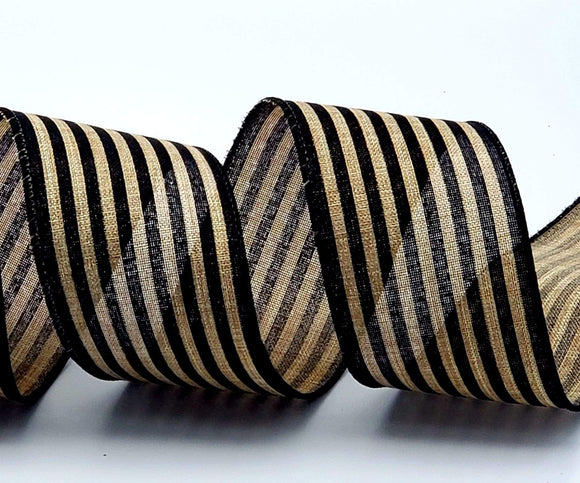 PerpetualRibbons Stripes 2.5 inch Black & Tan Horizontal Striped Ribbon - 5 Yards