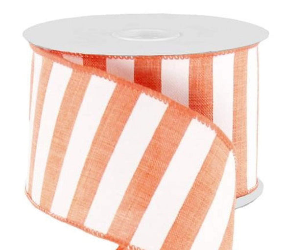 PerpetualRibbons Stripes 2.5 inch Coral & White Horizontal Stripe Ribbon - Wired Canvas Ribbon - 10 Yards