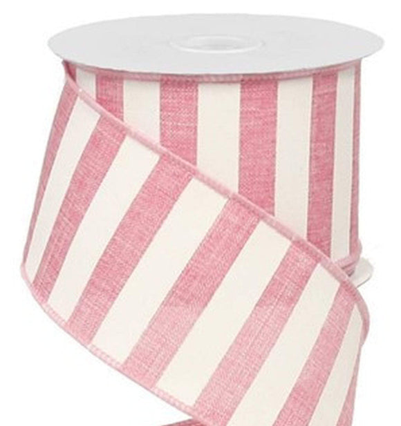 PerpetualRibbons Stripes 2.5 inch Dark Pink & White Horizontal Stripe Ribbon - Wired Canvas Ribbon - 10 Yards