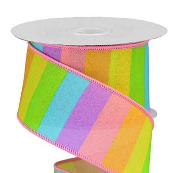 PerpetualRibbons Stripes 2.5 inch Horizontal Pastel Rainbow Stripes on Canvas - Lavender, Pink, Orange, Yellow, Lime Green and Sky Blue Stripes - 10 Yards