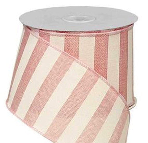 PerpetualRibbons Stripes 2.5 inch Light Pink & White Horizontal Stripe Ribbon - Wired Canvas Ribbon - 10 Yards