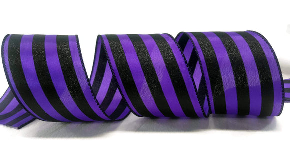 PerpetualRibbons Stripes 2.5 inch Satin Black & Purple Vertical Striped Ribbon - 10 Yards
