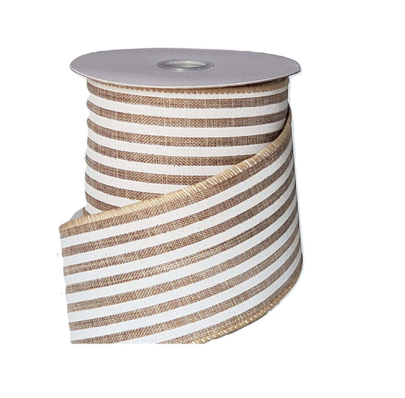 PerpetualRibbons Stripes 2.5 inch Tan & White Vertical Striped Ribbon - 5 Yards