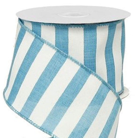 PerpetualRibbons Stripes 2.5 inch Turquoise & White Horizontal Stripe Ribbon - Wired Canvas Ribbon - 10 Yards